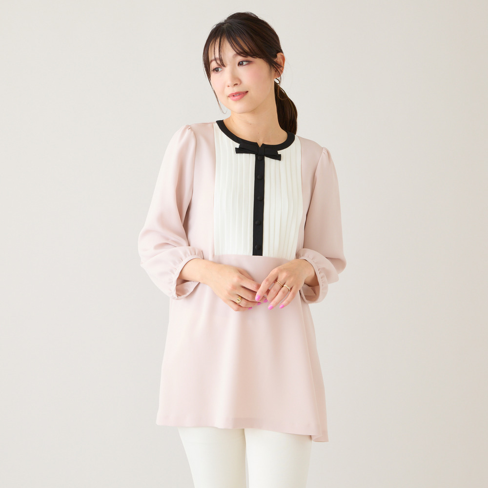 【接触冷感/UVカット/防シワ】クラシカルリボンタックブラウス3