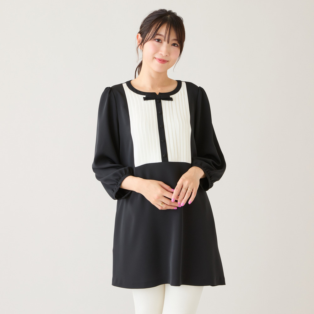 【接触冷感/UVカット/防シワ】クラシカルリボンタックブラウス1