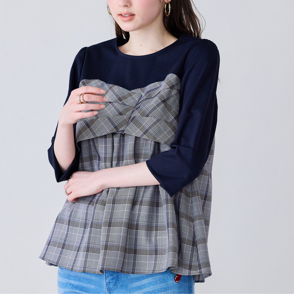 【人気デザイン】レイヤード風カットソー/チェック1