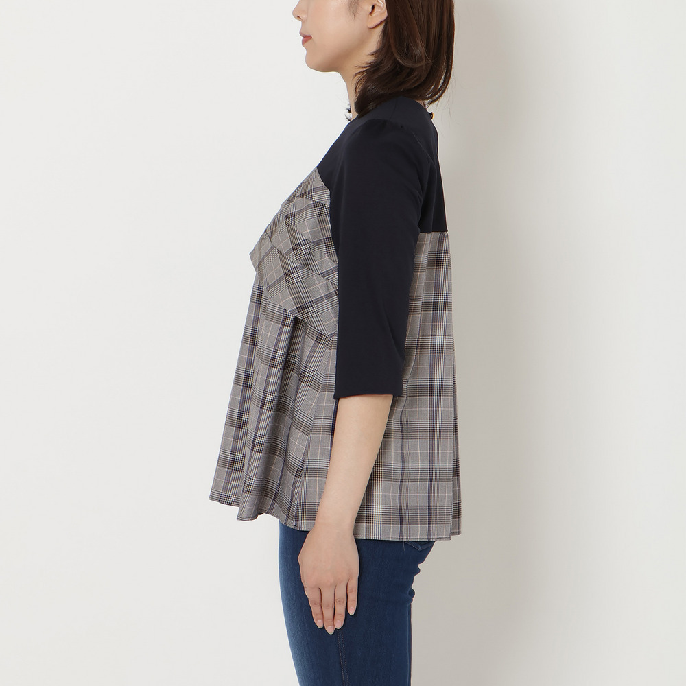 【人気デザイン】レイヤード風カットソー/チェック2