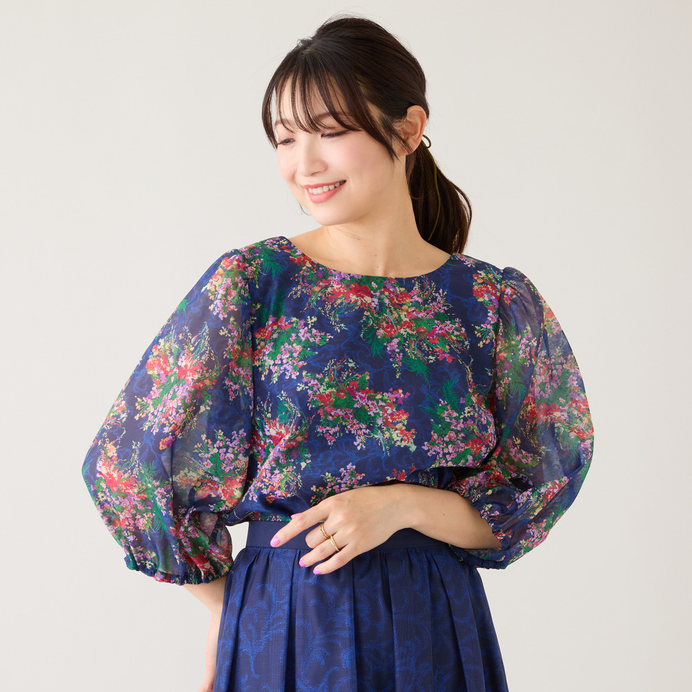 【セットアップ対応】フラワーブーケ柄パフスリーブブラウス