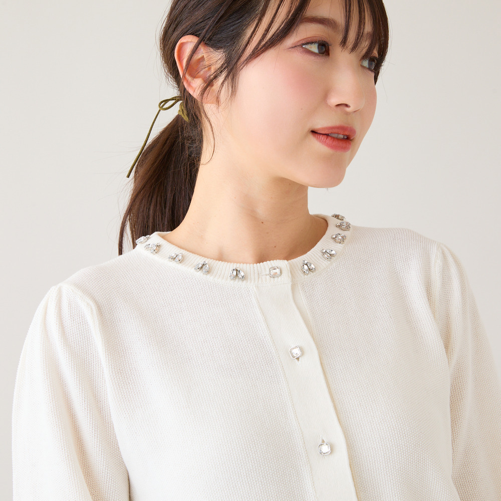 【綿100%】鹿の子編みビジューカーディガン
