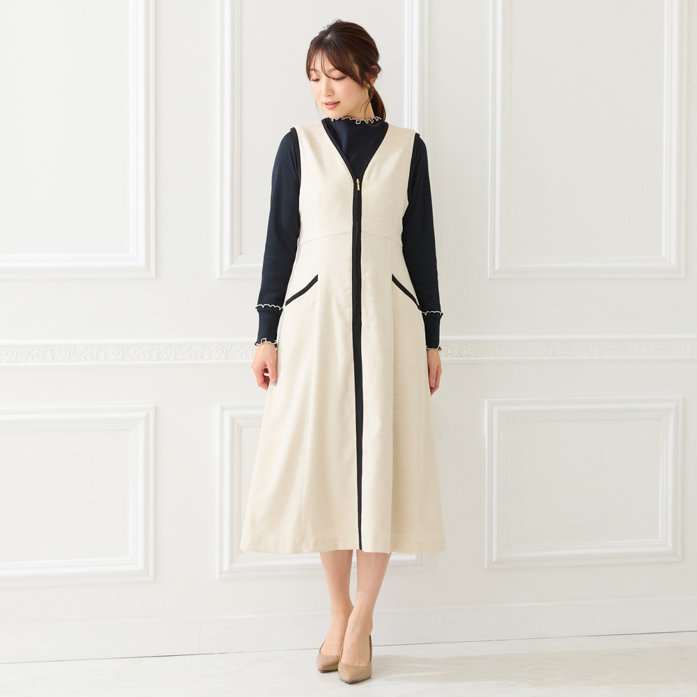 【接触冷感/UVカット/防シワ】リネンライクジャンパースカート1