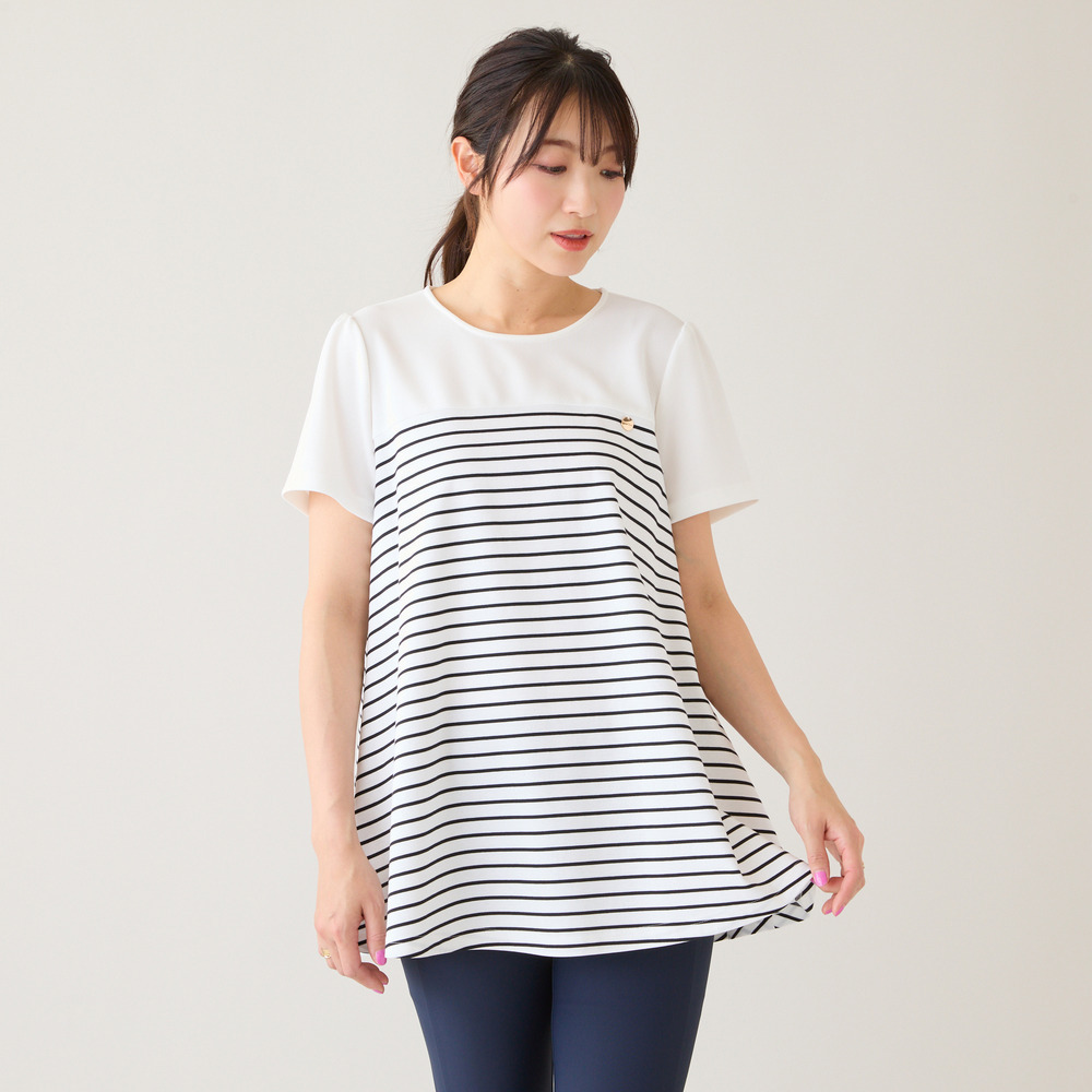 【接触冷感/UVカット/綿100％】ボーダーフレアカットソー