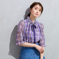 【セットアップ対応】マドラスチェック風プリントフリルカラーブラウス