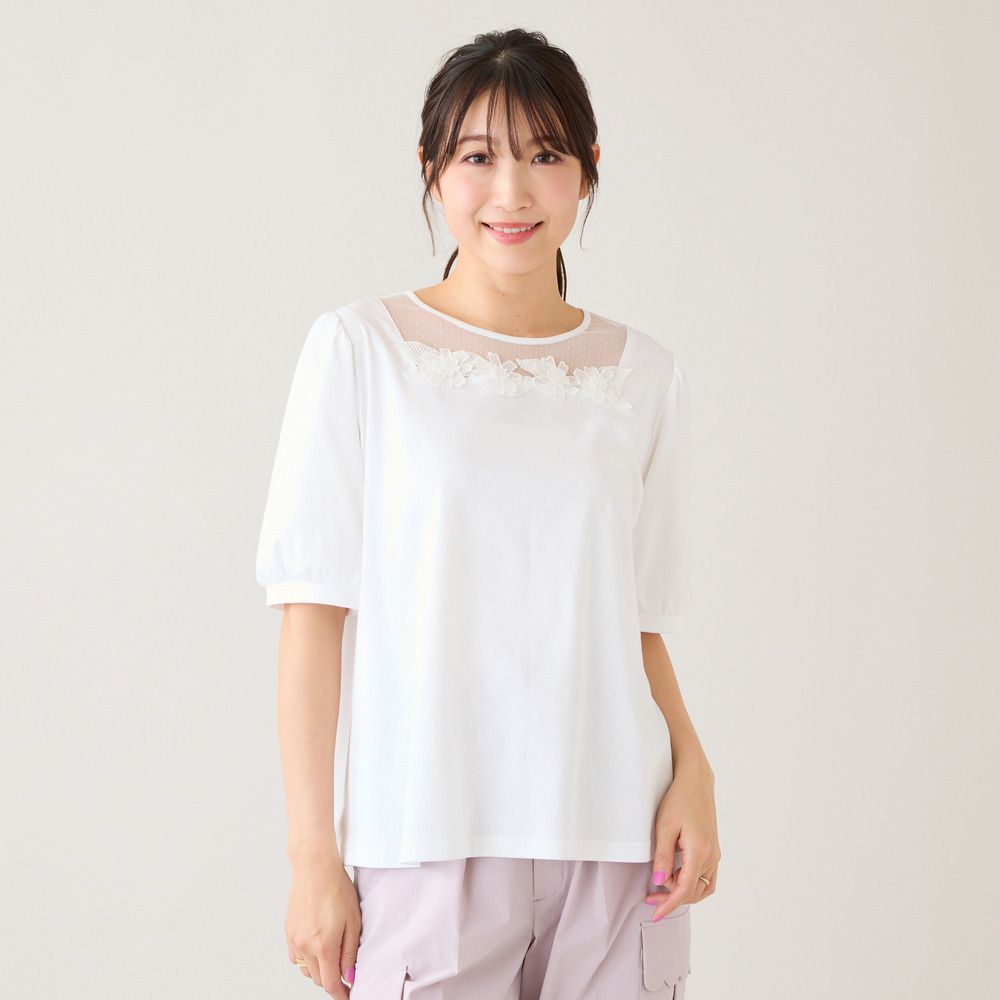 【大人気シリーズ】【接触冷感/綿100%】ドットチュールフラワーカットソー1