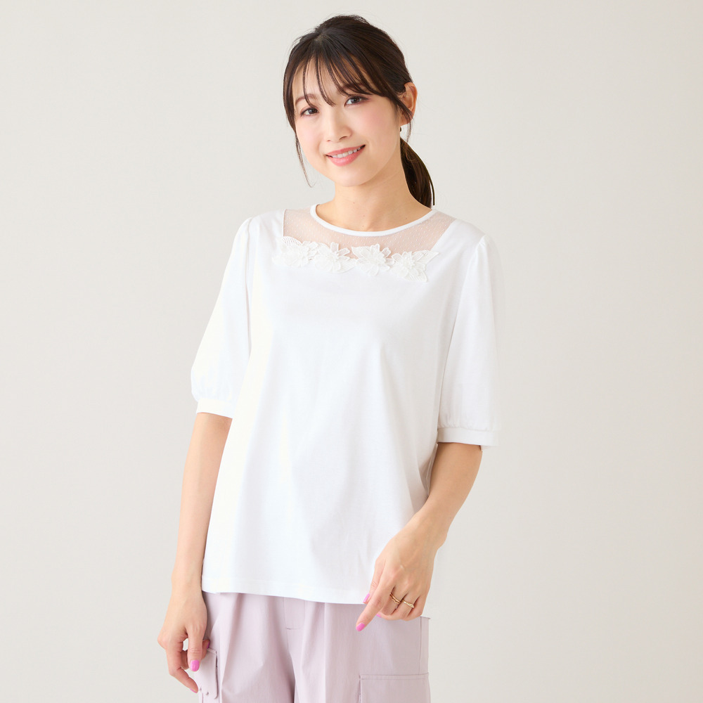 【大人気シリーズ】【接触冷感/綿100%】ドットチュールフラワーカットソー2