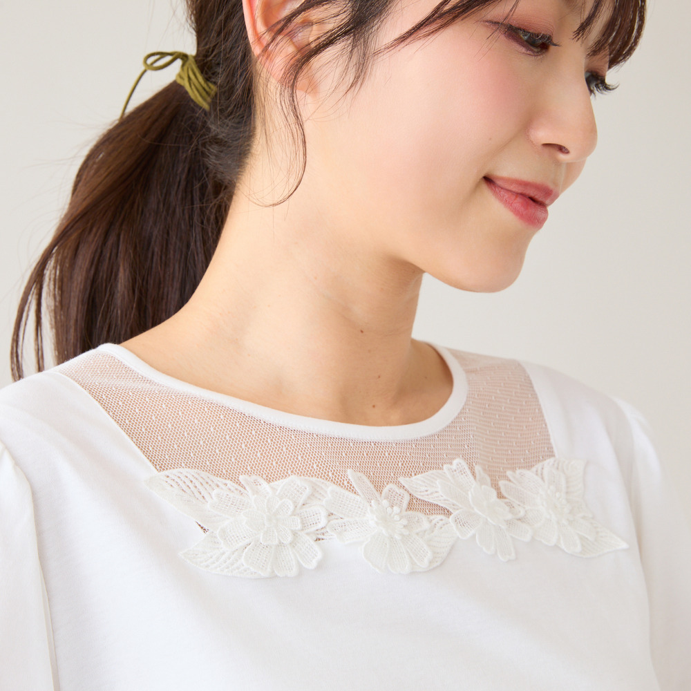 【大人気シリーズ】【接触冷感/綿100%】ドットチュールフラワーカットソー3