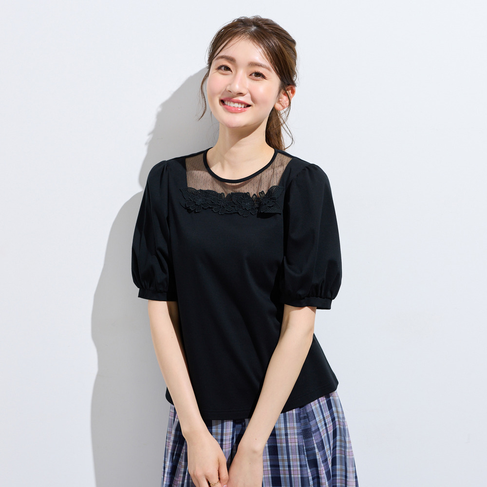 【大人気シリーズ】【接触冷感/綿100%】ドットチュールフラワーカットソー4