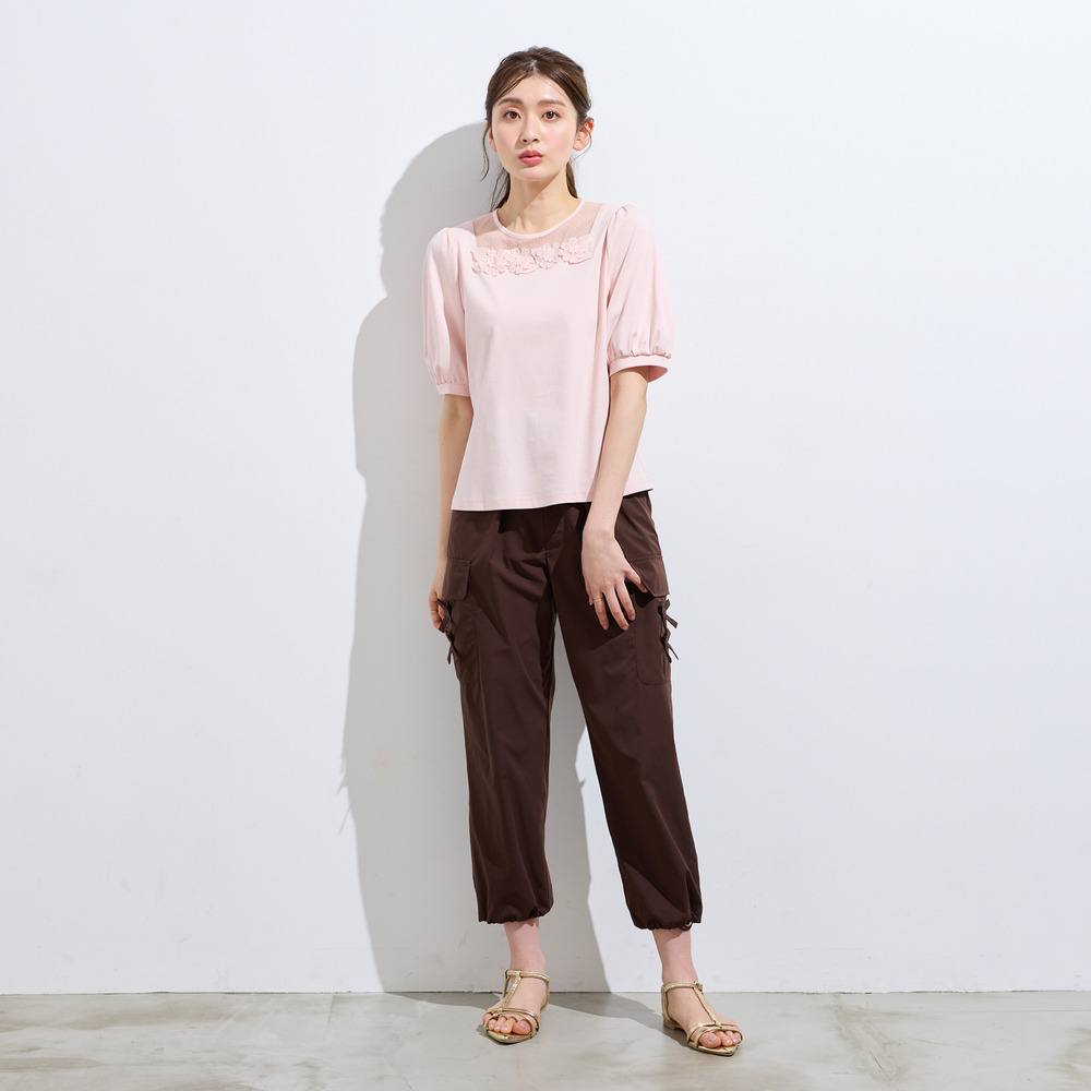 【大人気シリーズ】【接触冷感/綿100%】ドットチュールフラワーカットソー6