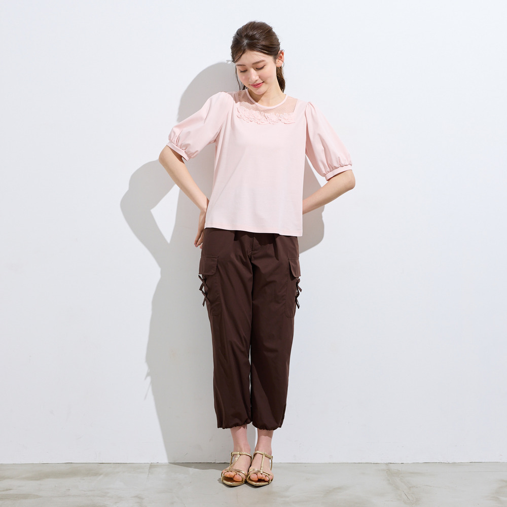 【大人気シリーズ】【接触冷感/綿100%】ドットチュールフラワーカットソー1