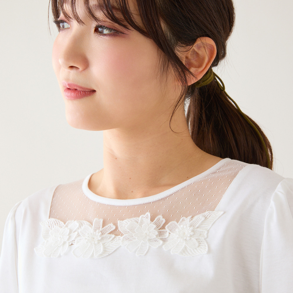 【大人気シリーズ】【接触冷感/綿100%】ドットチュールフラワーカットソー1