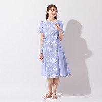 リボンベルト付きフラワー刺繍ストライプワンピース