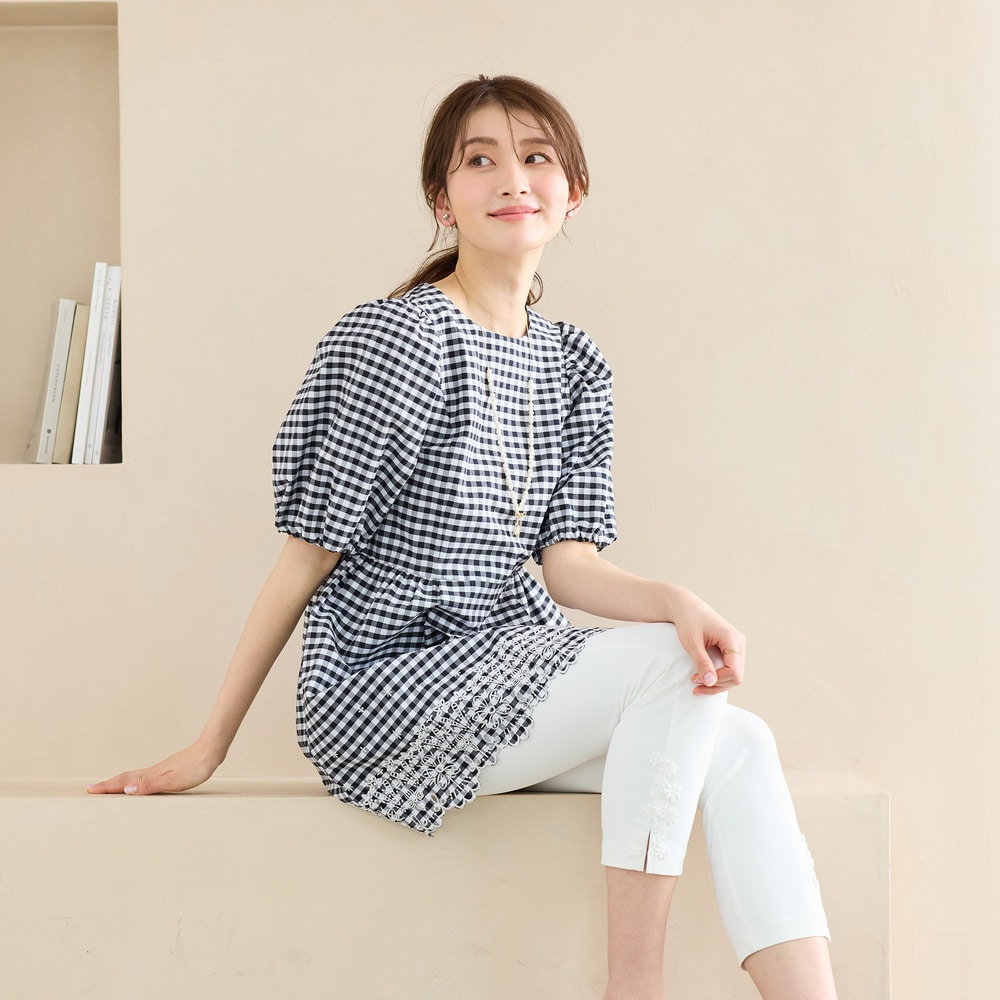 スカラ刺繍チュニック/ ギンガムチェック