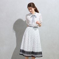 裾配色ボーダー ドットプリントフレアスカート