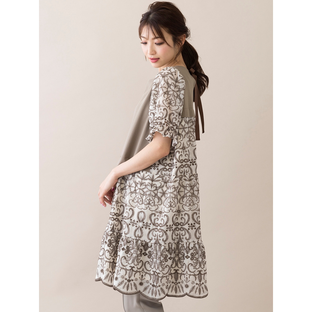 カットワーク刺繍コンビチュニック／大きいサイズ ローズティアラ