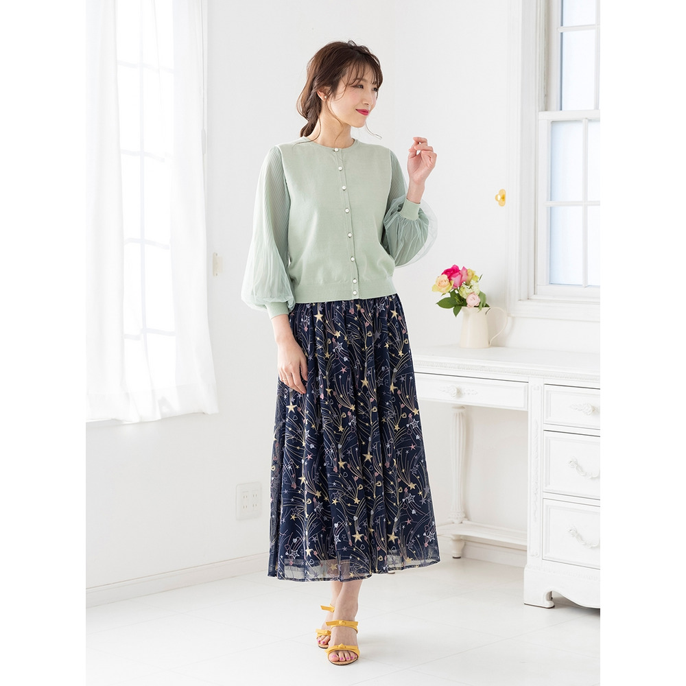 チュール袖ニットカーディガン/ 大きいサイズ ローズティアラ1