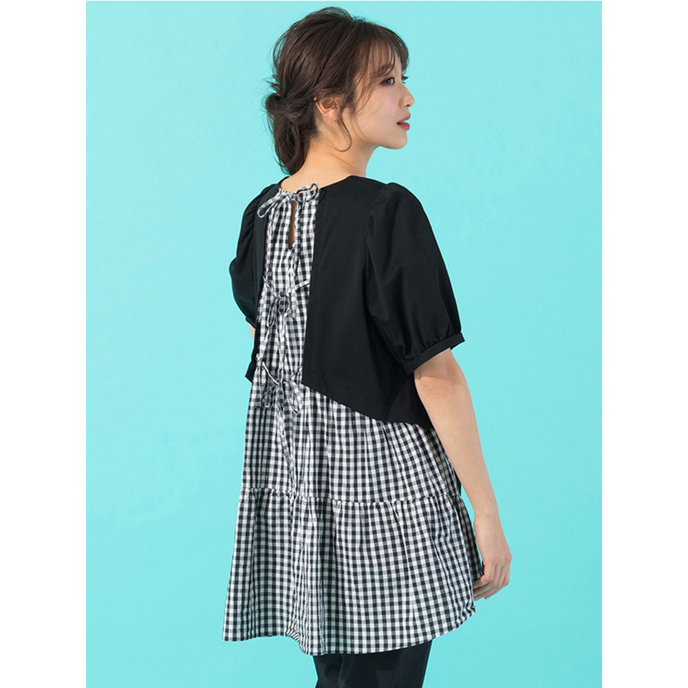 チェック×リボンバック切替カットソー / 大きいサイズ ローズティアラ1