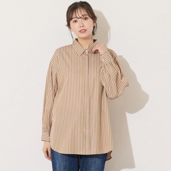 ◆手洗いOK/大きいサイズ/L～3L◆ ■ゆるっと着てきちんと見えする、ストライプ柄オーバーシャツ■ 綿100％で着心地も抜群なブラウスです。 袖内部にはボタン＆ループ付きで、中でボタンを留めると、自