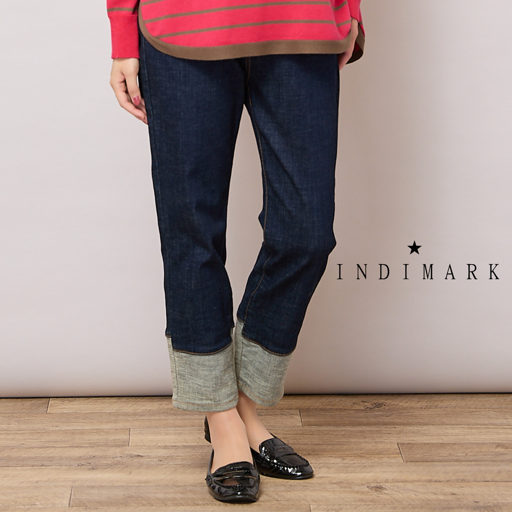 【手洗いOK・INDIMARKコラボ】デニムストレート・裾切り替えパンツ1