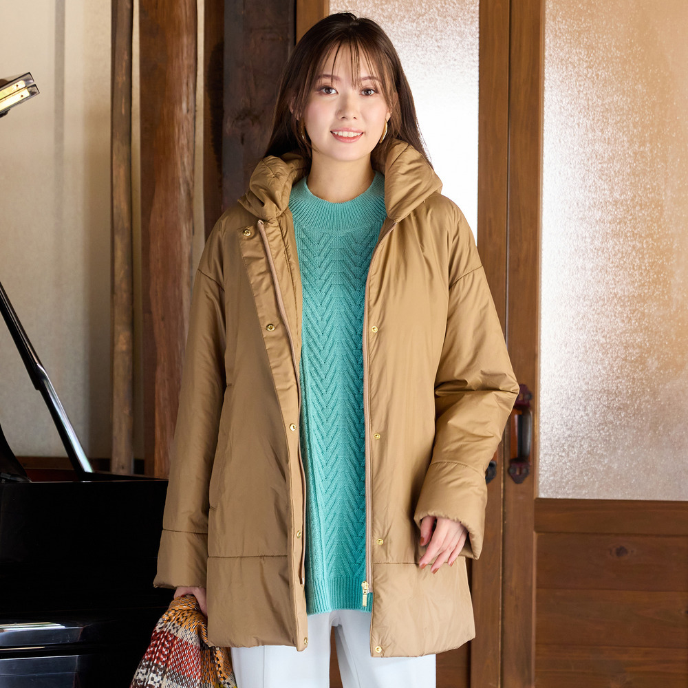 キャメル入り中綿ボリューム襟コート1