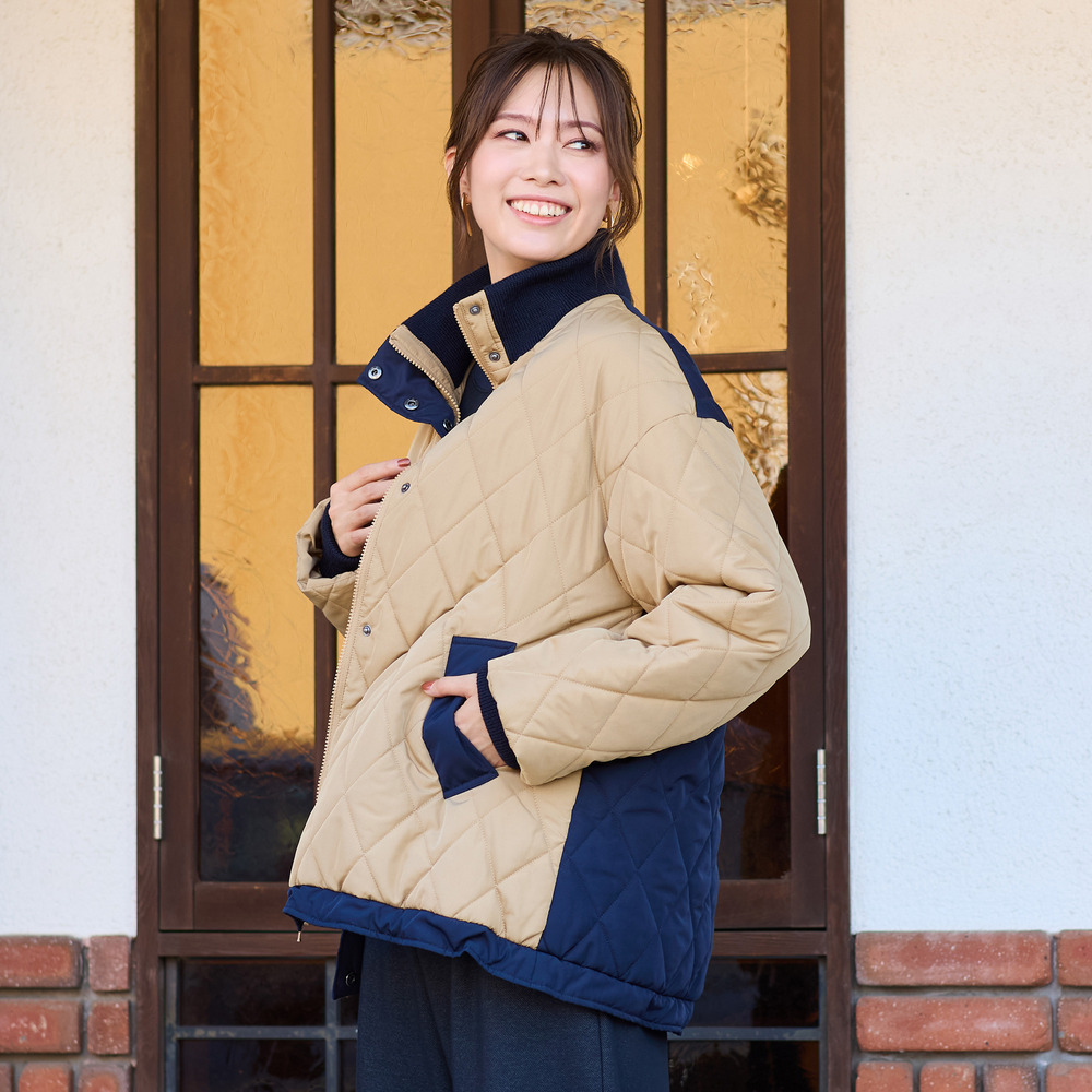 ダイヤ柄キルト加工中綿ジャケット1