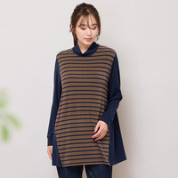 【手洗いOK・保温・吸湿発熱】ボーダー×無地ハイネックカットソー