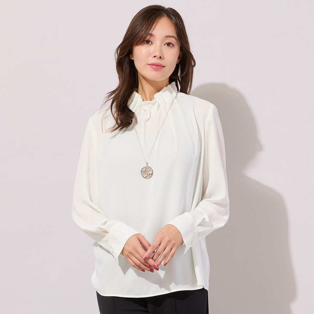 【手洗いOK】アムンゼン・ギャザー・ハイネックブラウス（無地)