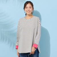 【手洗いOK・綿100％・接触冷感・紫外線防止】ラウンドヘムボーダートップ