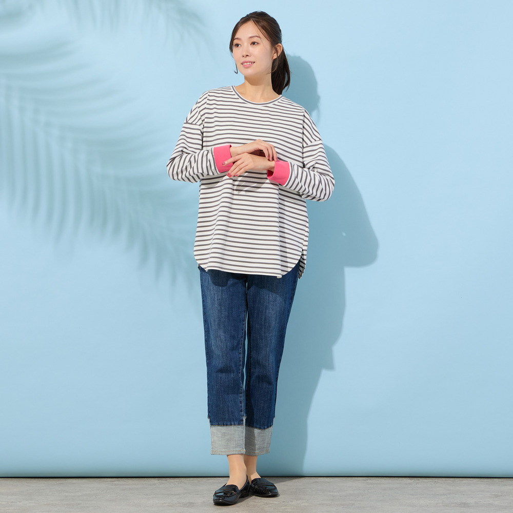 【手洗いOK・綿100%・接触冷感・紫外線防止】ラウンドヘムボーダートップ1