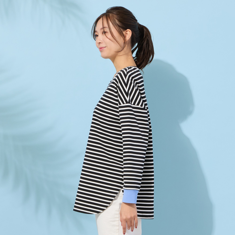 【手洗いOK・綿100%・接触冷感・紫外線防止】ラウンドヘムボーダートップ10