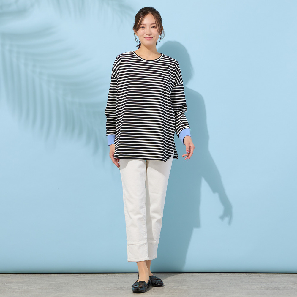 【手洗いOK・綿100%・接触冷感・紫外線防止】ラウンドヘムボーダートップ12