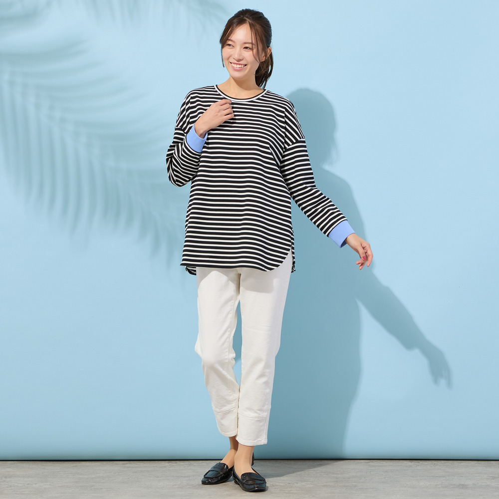 【手洗いOK・綿100%・接触冷感・紫外線防止】ラウンドヘムボーダートップ14