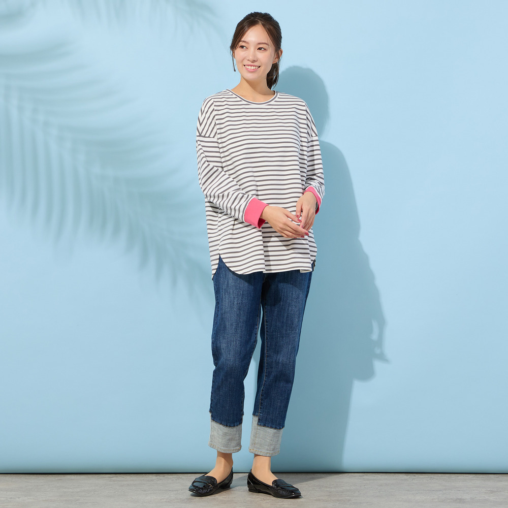 【手洗いOK・綿100%・接触冷感・紫外線防止】ラウンドヘムボーダートップ2