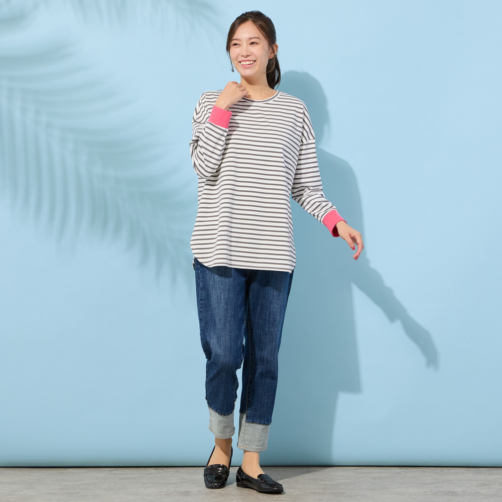 【手洗いOK・綿100%・接触冷感・紫外線防止】ラウンドヘムボーダートップ3