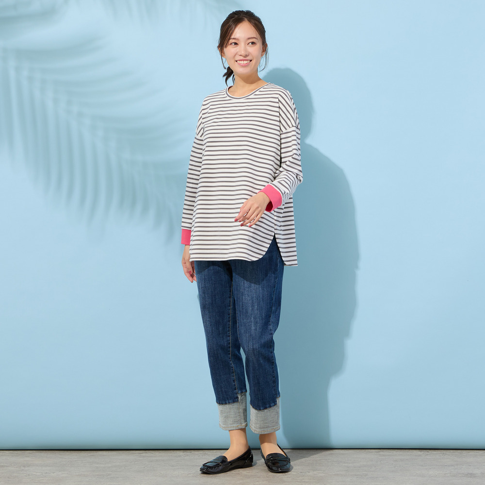 【手洗いOK・綿100%・接触冷感・紫外線防止】ラウンドヘムボーダートップ4