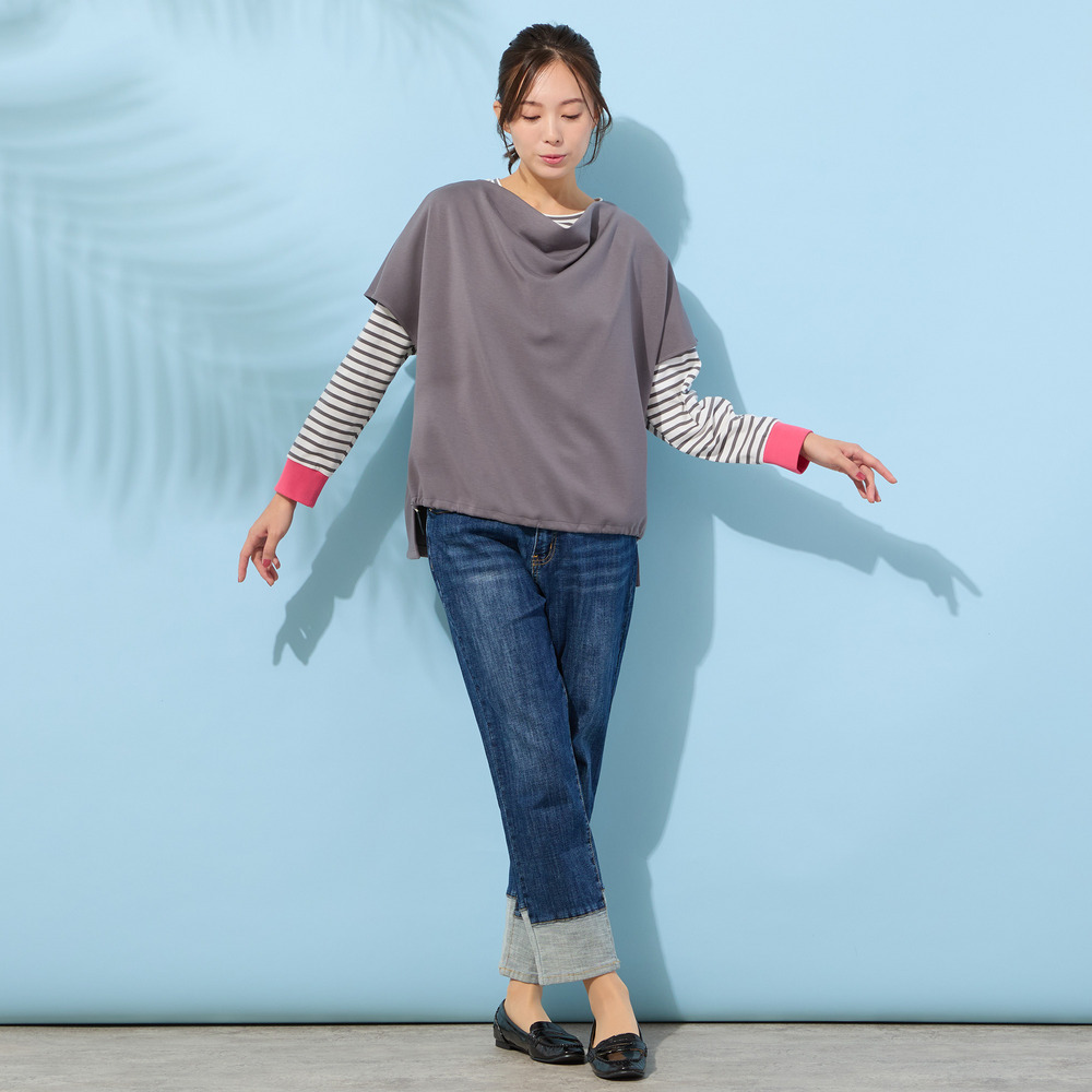 【手洗いOK・綿100%・接触冷感・紫外線防止】ラウンドヘムボーダートップ6