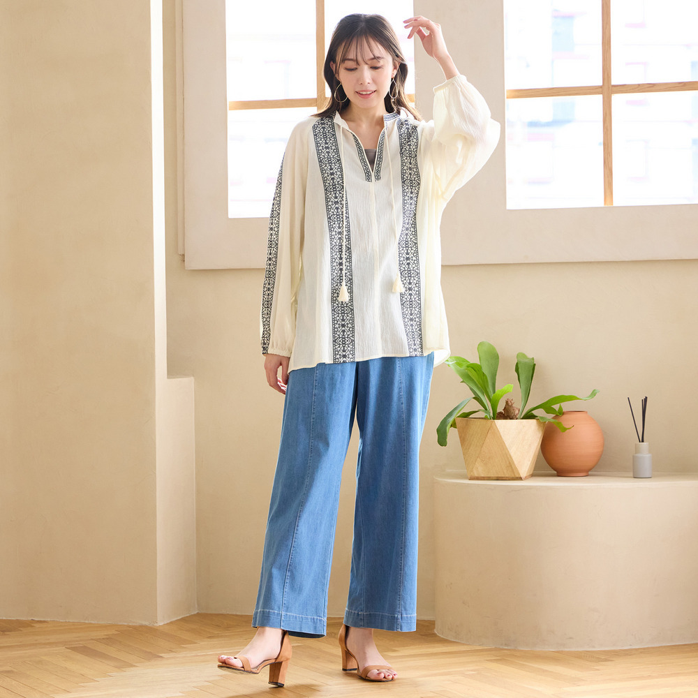 【手洗いOK・綿100%】綿楊柳刺繍ラグランスリーブブラウス6
