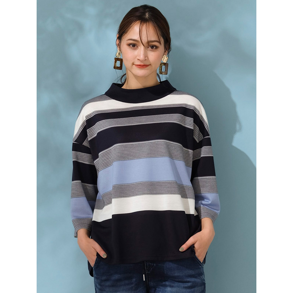 千鳥ボーダーハイネックTシャツ/ 大きいサイズ ピサーノ1