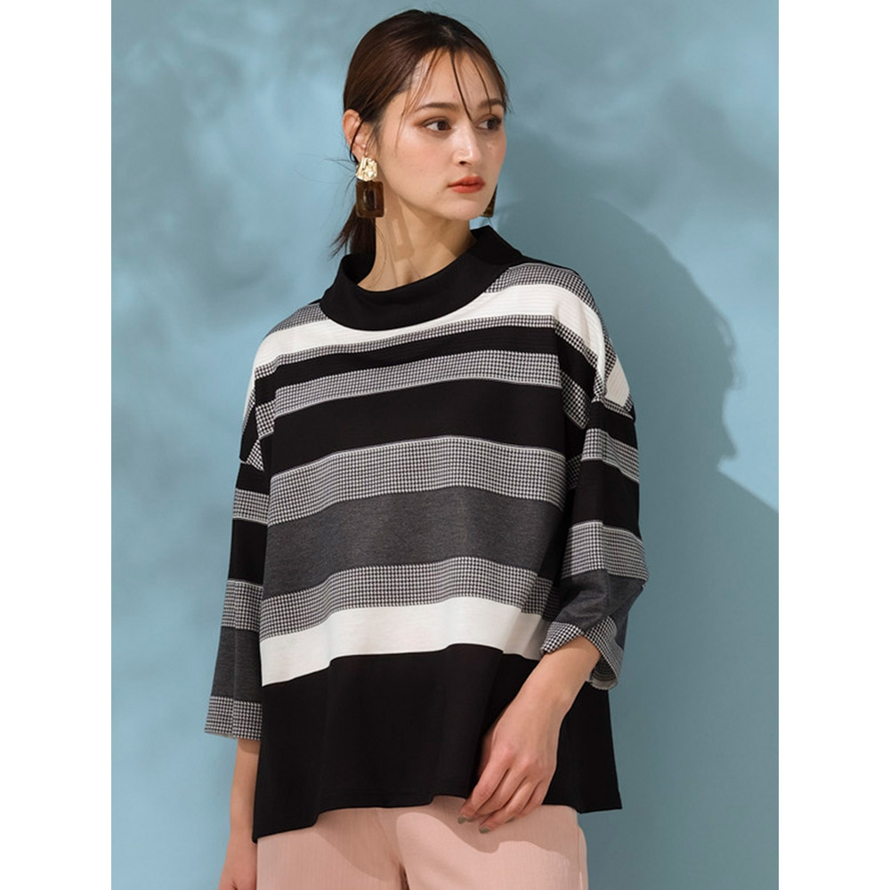 千鳥ボーダーハイネックTシャツ/ 大きいサイズ ピサーノ1