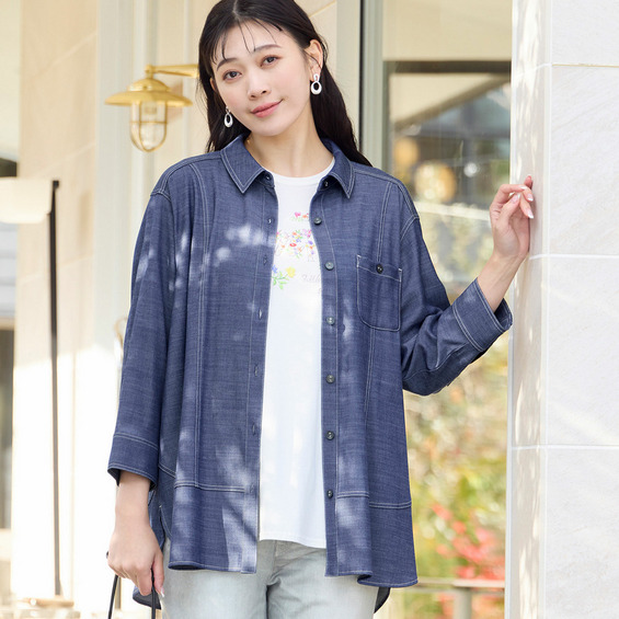 【セットアップ可】デニムライク ストレッチシャツ【アリノマ/Alinoma】 【セットアップ可】デニムライク ストレッチシャツ【アリノマ/Alinoma】