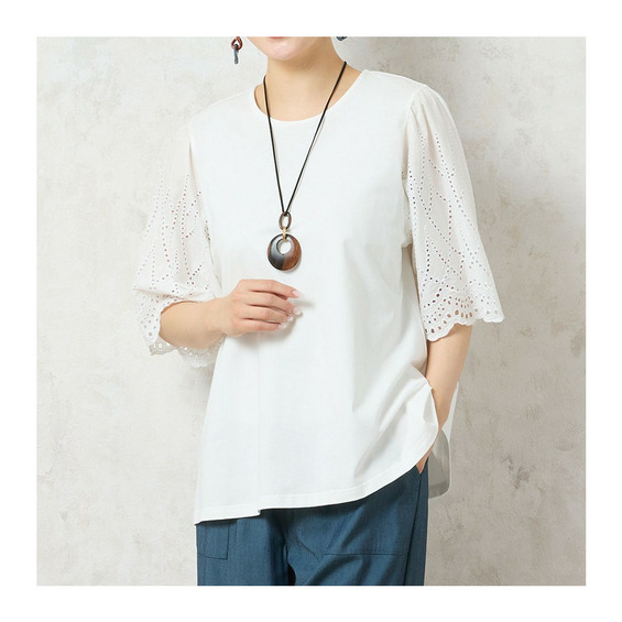 【洗える】レーススリーブコットンTシャツ【アリノマ/Alinoma】 【洗える】レーススリーブコットンTシャツ【アリノマ/Alinoma】