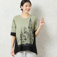 【洗える・日本製・綿100%】街並み柄コットンTシャツ