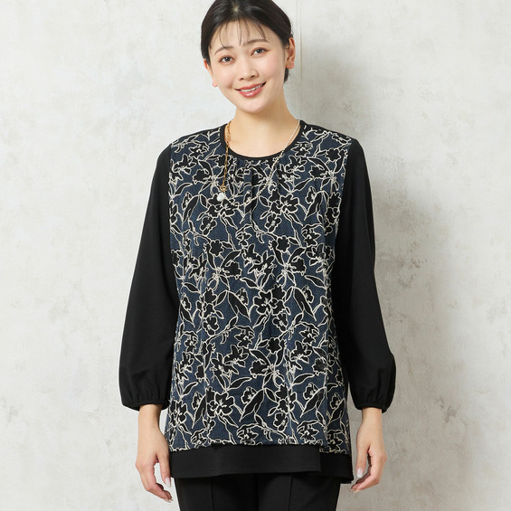 【洗える・3L/4Lサイズあり】チュール刺繍カットソー【アリノマ/Alinoma】 【洗える・3L/4Lサイズあり】チュール刺繍カットソー【アリノマ/Alinoma】