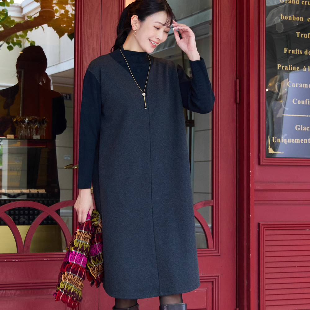 【3L/4Lサイズあり】綿混ジャージー レイヤード風ワンピース1