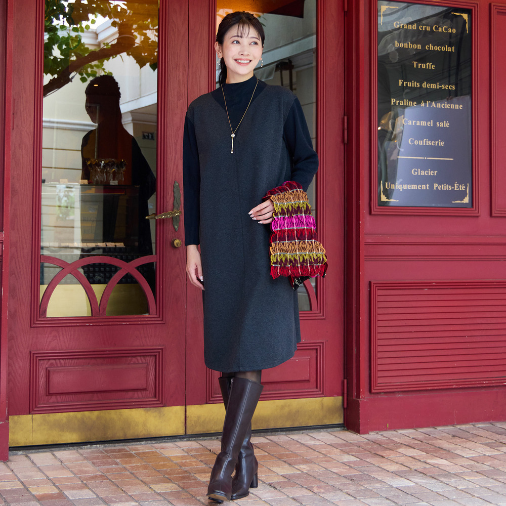 【3L/4Lサイズあり】綿混ジャージー レイヤード風ワンピース3