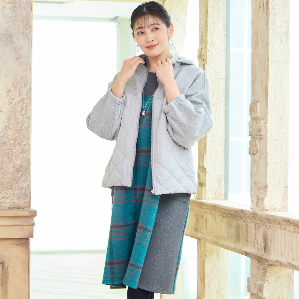 【フード取り外し可】ジャージー×キルトのドルマンジャケット3