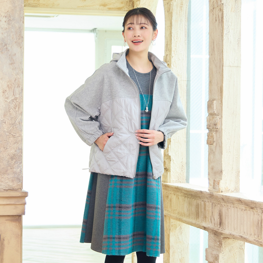 【フード取り外し可】ジャージー×キルトのドルマンジャケット4