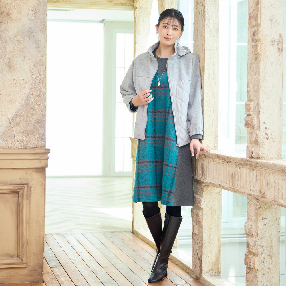 【フード取り外し可】ジャージー×キルトのドルマンジャケット5