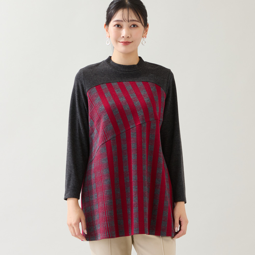 【洗える・日本製・3L/4Lサイズあり】裾フレア チェック柄カットソー1